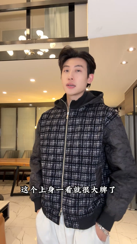 WT283SDSA秋冬新款痞帅男装舒适撞色格子拼接拉链立领连帽卫衣外套百搭