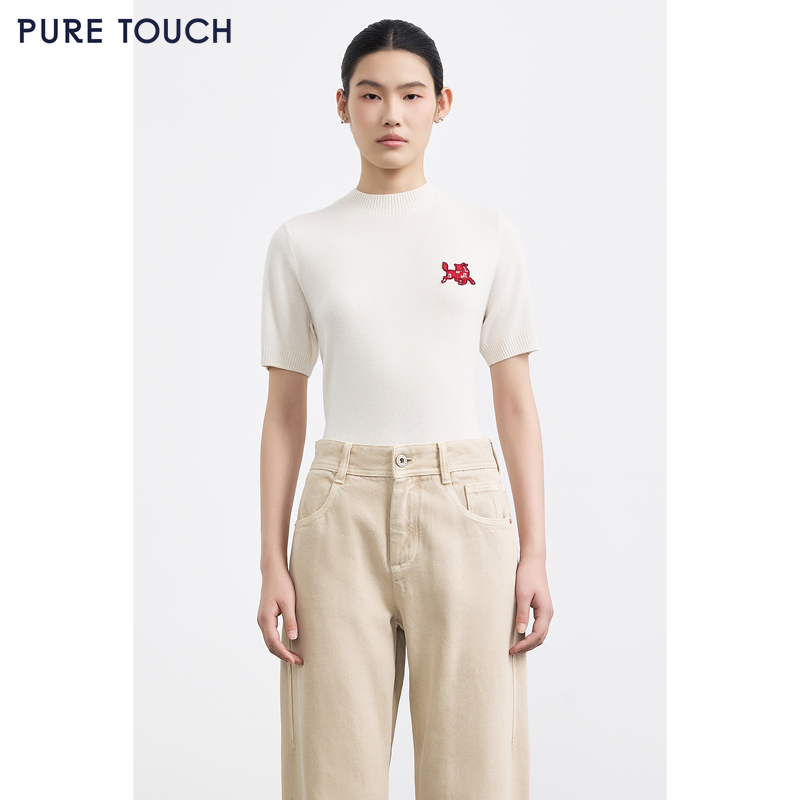 PURE TOUCH女装25秋冬新款羊绒短袖针织衫生肖马刺绣春节新年穿搭