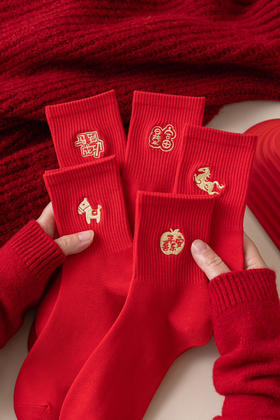 4双装！2026马年新年袜本命年大红袜 中筒袜女袜 舒适棉质精致金丝刺绣
