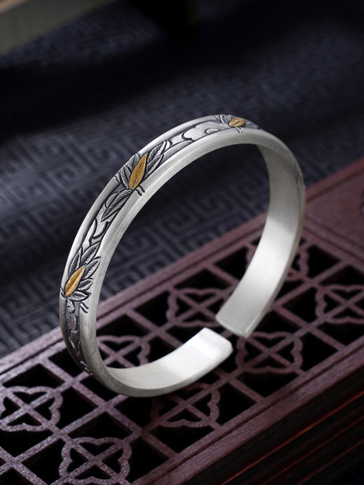 子佩集S999银【气若双竹】手镯【YS034】纯银手镯仿古带金色嵌真金2408 商品图0