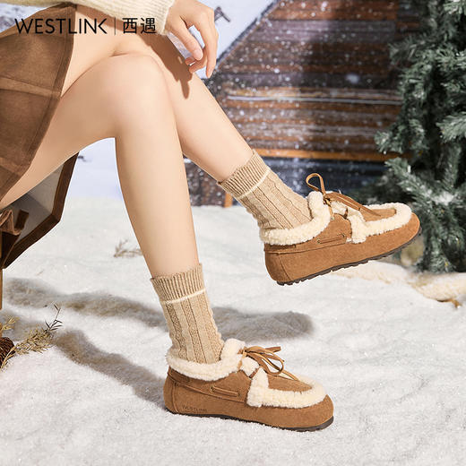 西遇厚底勃肯鞋女新款冬季可爱复古棉鞋乐福鞋加绒毛毛雪地靴V2457350 商品图2