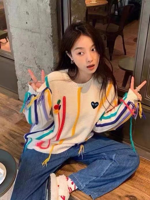 D112717彩色条纹毛衣女秋冬oversize慵懒风流苏针织衫设计感宽松上衣 商品图1