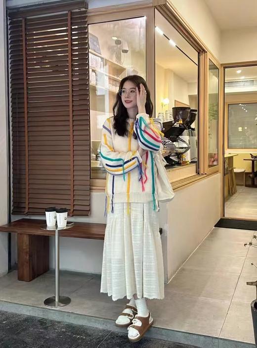 D112717彩色条纹毛衣女秋冬oversize慵懒风流苏针织衫设计感宽松上衣 商品图3