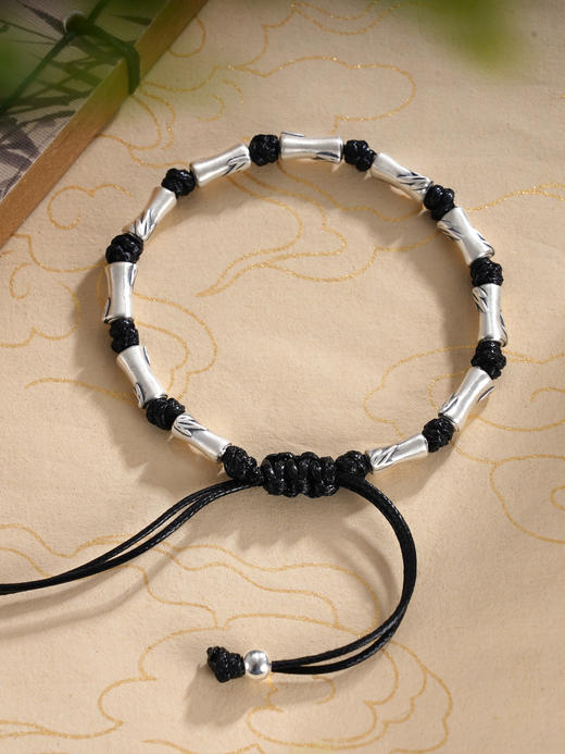 子佩集S999银【竹颜悦色】手链【N020】纯银仿古黑绳2409 商品图0