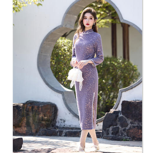 复合蕾丝加绒长款旗袍，复古国风改良新中式款旗袍GX-179398 商品图2