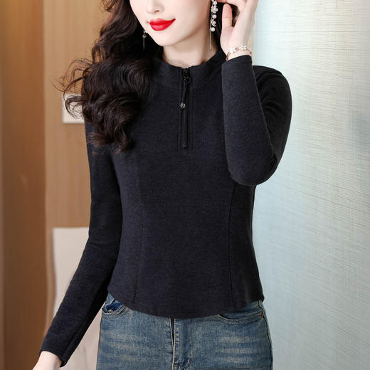 KQL 355H8316纯色立领半拉链长袖T恤修身显瘦双面绒保暖上衣 商品图2