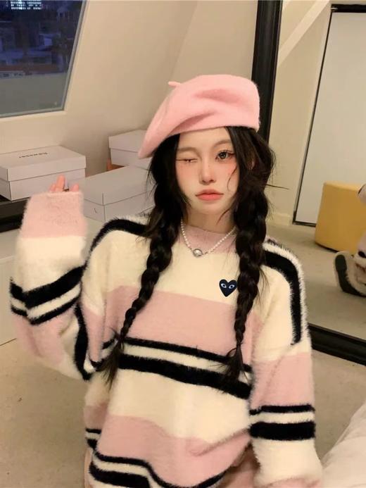 D112713日式潮牌慵懒撞色条纹仿水貂绒针织毛衣 商品图5