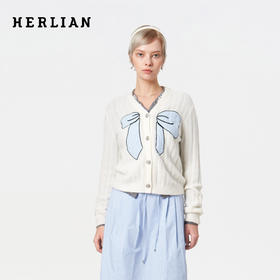 HERLIAN 2025年冬季女士格子蝴蝶结印花V领针织衫