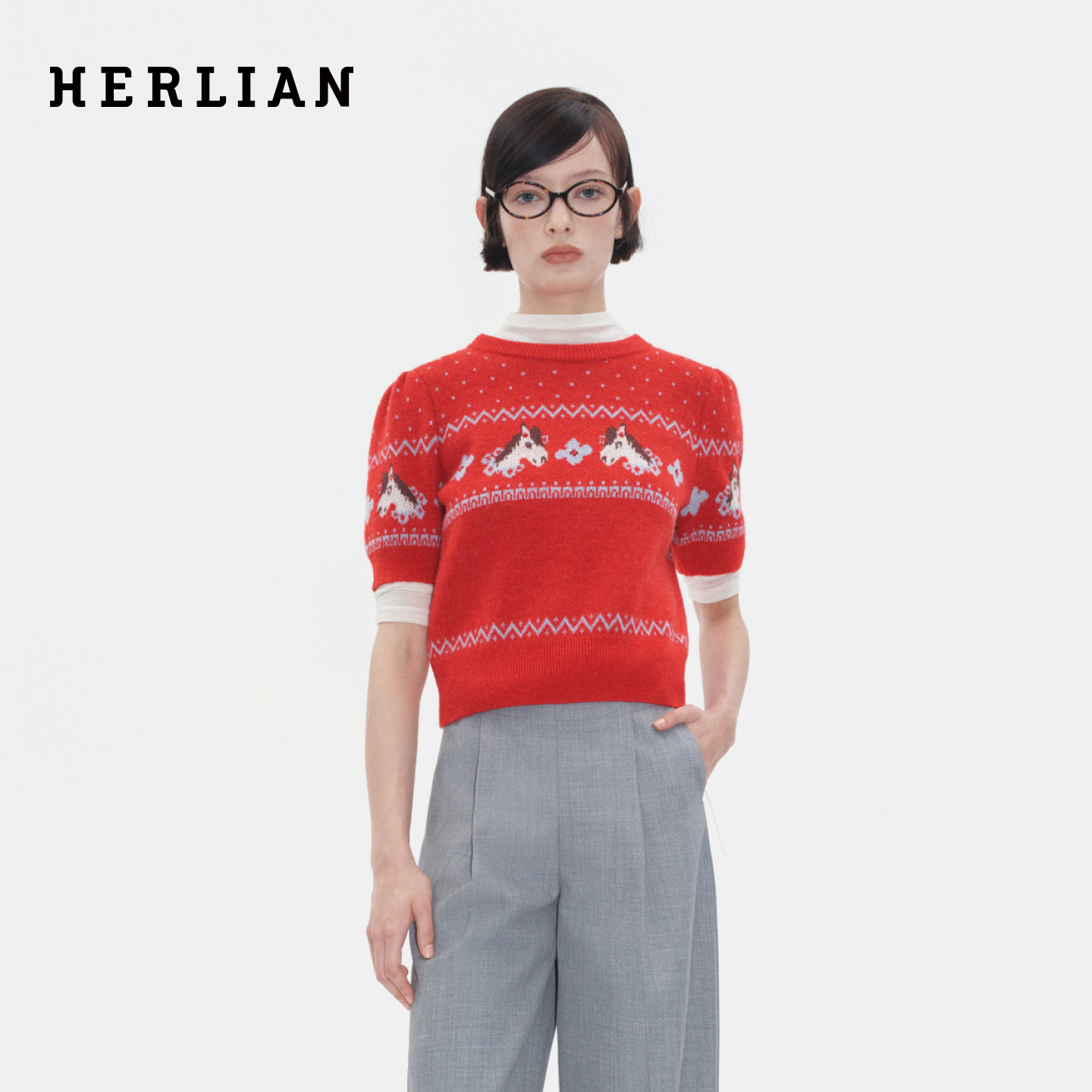 HERLIAN 2025年冬季女士小马提花短袖套头毛衫
