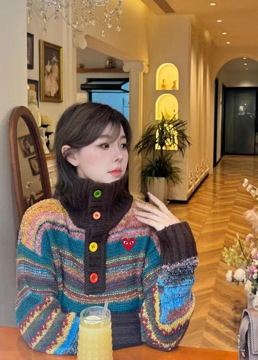 D112712超可爱减龄套头针织衫毛衣女士半纽扣高领翻领毛衣 商品图5