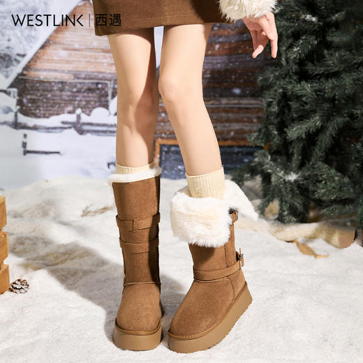 西遇厚底高筒雪地靴女新款冬季翻筒两穿加厚保暖棉靴加绒长靴K2457342 商品图3