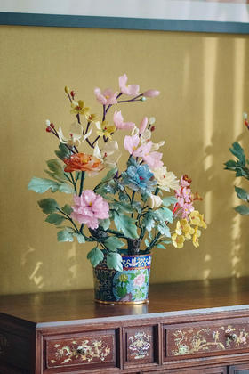 【已售】独角鹿小心眼古董20世纪中国出品传统东方花卉纹景泰蓝盆装饰「玉堂富贵」珍宝像生盆景