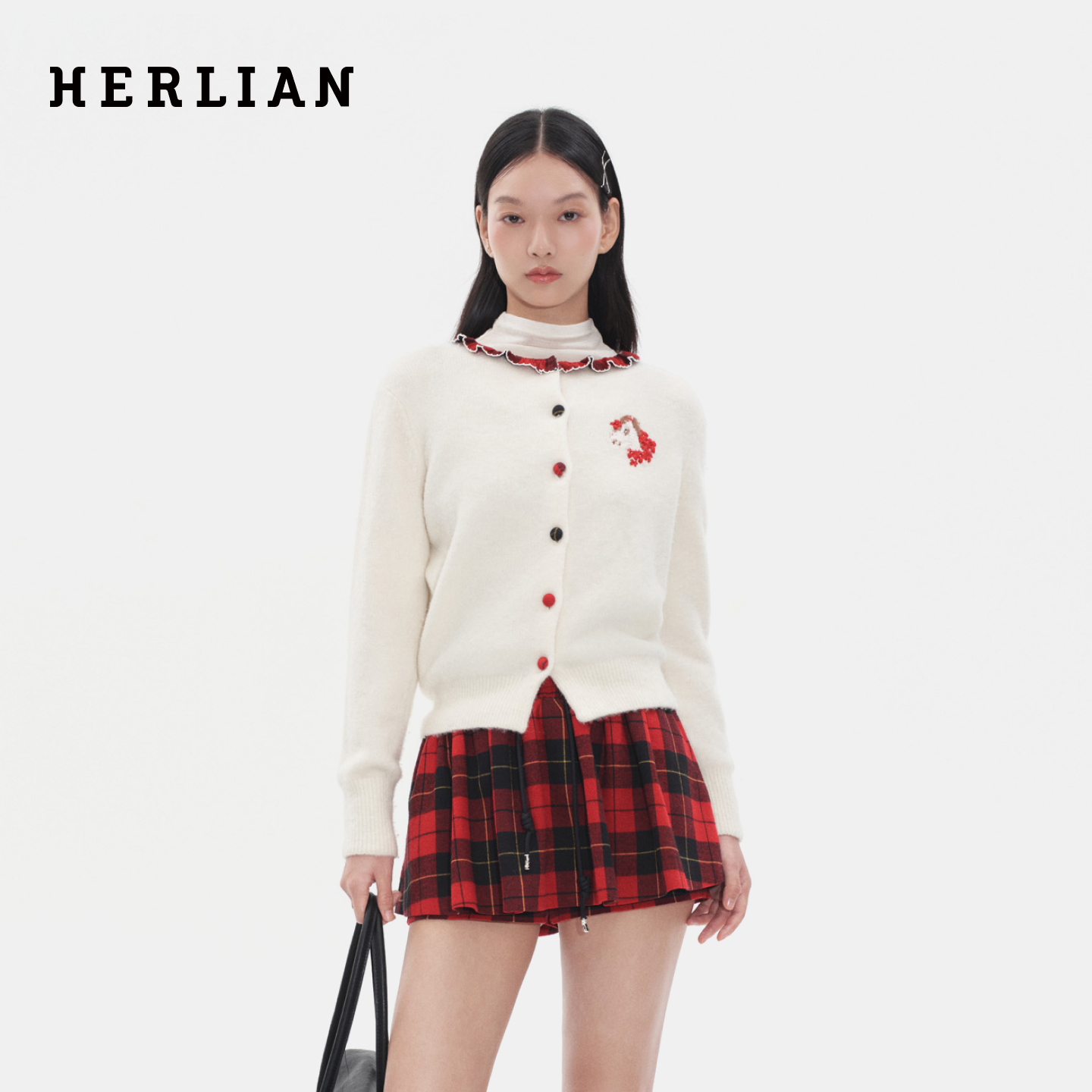 Herlian2025冬季新品碎褶荷叶边领口小马提花针织衫女士