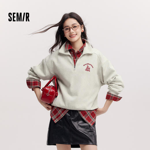 森马张仁华非遗联名卫衣女春半拉链立领宽松刺绣简约时尚显瘦上衣 商品图0