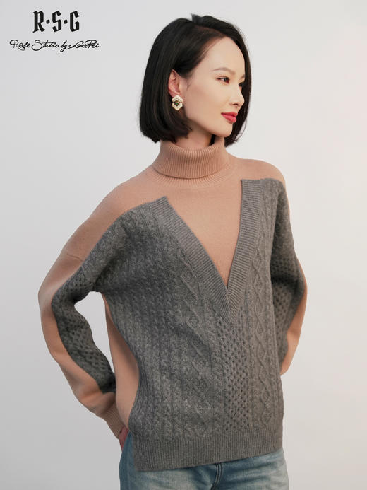 郭培成衣RSG2025秋冬新款毛衣暖棕撞色绞花高领保暖针织衫中长款 商品图1