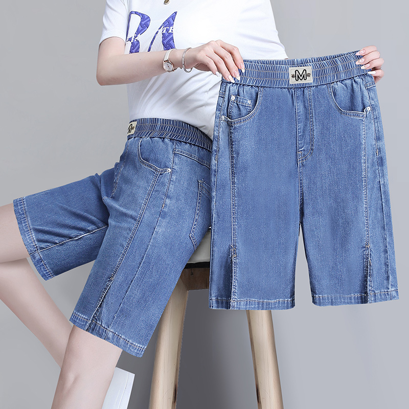 大码天丝牛仔短裤女夏季薄款新款宽松胖mm松紧腰冰丝裤子五分外穿