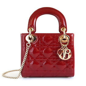 【95新】Dior迪奥迷你LADY DIOR手袋红色金扣三格漆皮戴妃链条包手提单肩包女士261125NJT07