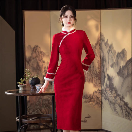 时尚改良新中式，长款加绒毛巾绣旗袍GX-396137 商品图2