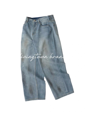 LIVINGTOWN/LT手工甩漆竹节纱牛仔裤