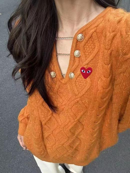 D112711秋冬新款V领麻花毛衣链条设计感慵懒套头宽松套头上衣 商品图1