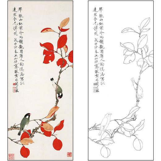 工笔画白描底稿于非闇花鸟《红叶双禽》临摹勾线高清打印稿FA51 商品图0