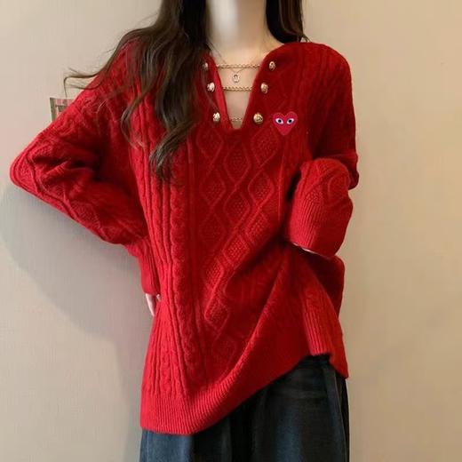 D112711秋冬新款V领麻花毛衣链条设计感慵懒套头宽松套头上衣 商品图3