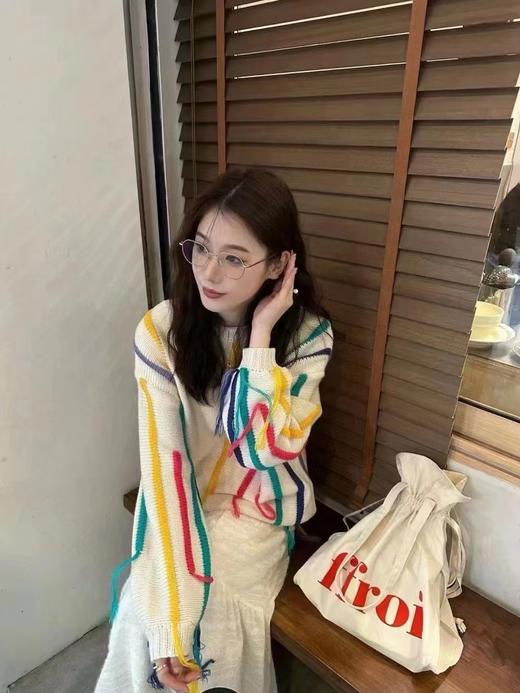D112717彩色条纹毛衣女秋冬oversize慵懒风流苏针织衫设计感宽松上衣 商品图8