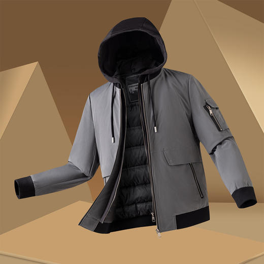 【可拆卸帽 一衣两穿】罗蒙冬季保暖连帽羽绒服抽绳款羽绒服男士袖口侧边带口袋时尚厚款羽绒外套 商品图11