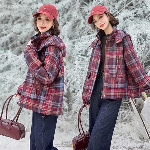 HR SYY2904棉服牛仔格纹连帽宽松加厚短款洋气时尚外套 商品图0