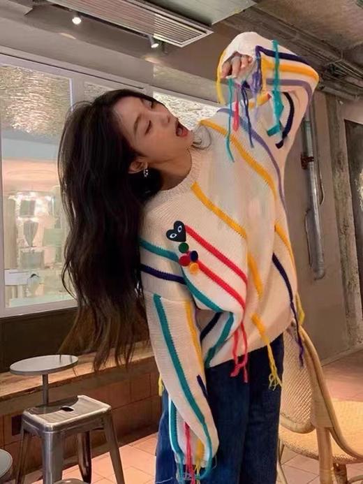 D112717彩色条纹毛衣女秋冬oversize慵懒风流苏针织衫设计感宽松上衣 商品图6