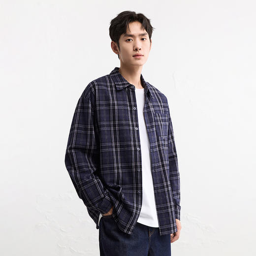 GXG男装【棉100%】25秋季时尚潮流撞色格纹翻领休闲男式长袖衬衫K&C 商品图2