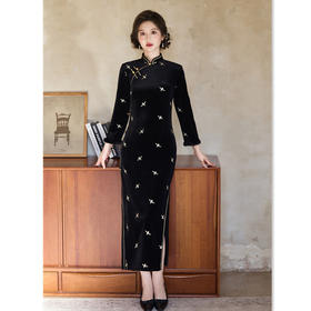 韩国绒绣花长款旗袍，复古国风修身保暖日常旗袍GX-179401