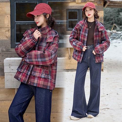 HR SYY2904棉服牛仔格纹连帽宽松加厚短款洋气时尚外套 商品图1