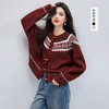 西遇氛围穿搭女2025冬季新款圆领短款保暖费尔岛毛衣开衫外套SS051891 商品缩略图0