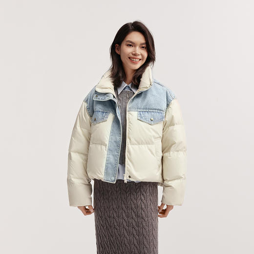 森马羽绒服女冬90绒子防泼水拼接牛仔oversize立领个性潮酷面包服 商品图2