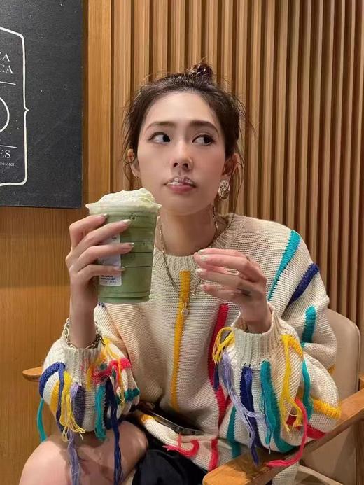 D112717彩色条纹毛衣女秋冬oversize慵懒风流苏针织衫设计感宽松上衣 商品图4