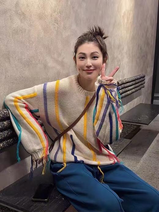 D112717彩色条纹毛衣女秋冬oversize慵懒风流苏针织衫设计感宽松上衣 商品图5