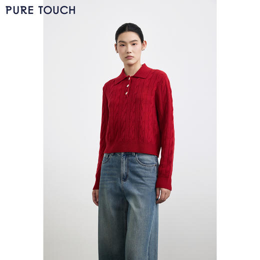 PURE TOUCH女装25秋冬新款Polo翻领羊毛针织衫新年红绞花宽松毛衣 商品图0