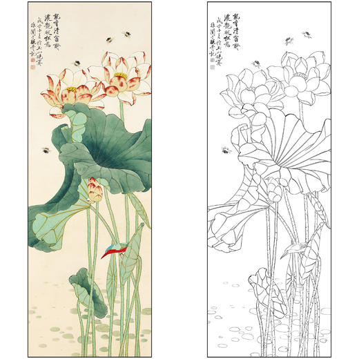 工笔画白描底稿于非闇花鸟荷花蜜蜂《乱香清宿醉》临摹勾线高清打印稿FA52 商品图0