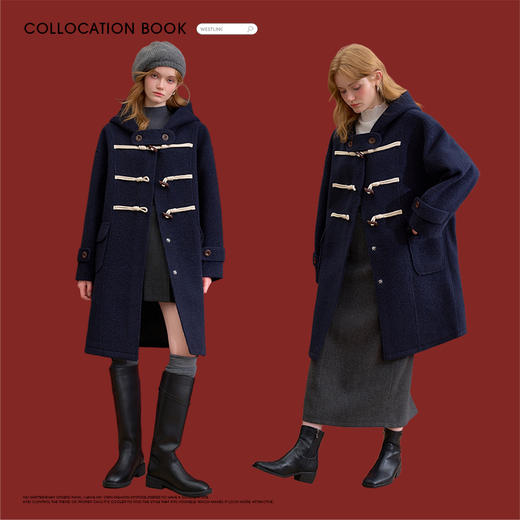 西遇复古学院风牛角扣连帽毛呢外套女冬季新款保暖双面呢大衣V4355457 商品图1