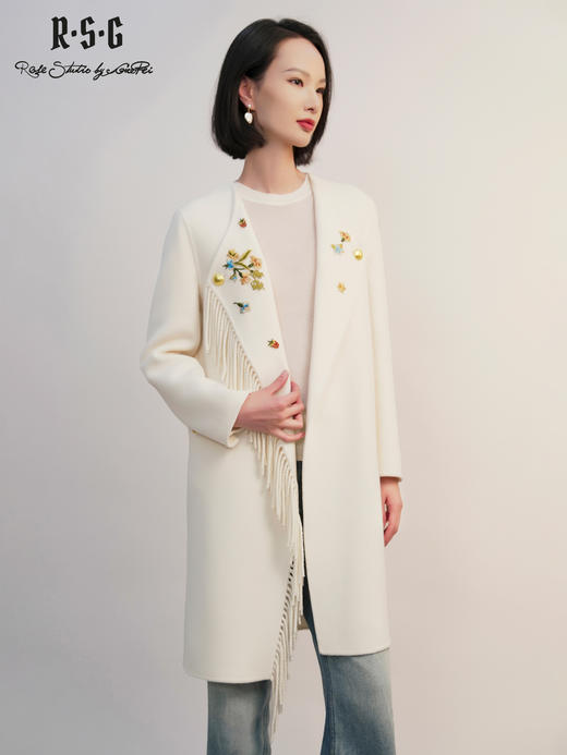 郭培成衣RSG2025秋冬新款花卉刺绣流苏白色羊毛大衣中长款气质 商品图1