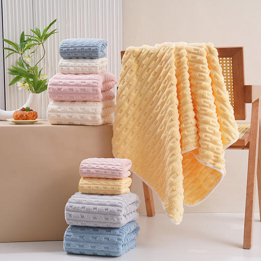 居家好物！【星辰狐--7A竹节珊瑚绒浴巾三件套】（2套=浴巾*2+毛巾*2+干发帽*2）7A抗jun面料A类母婴级别，柔软亲肤吸水性强，透气瞬吸易干，加大加厚不掉色不掉毛絮~ 商品图5
