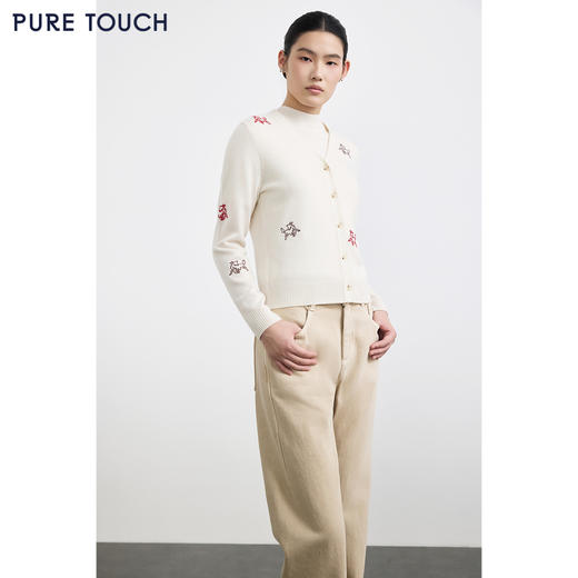PURE TOUCH女装25秋冬新款v领羊绒针织开衫生肖马刺绣新年毛衣 商品图0