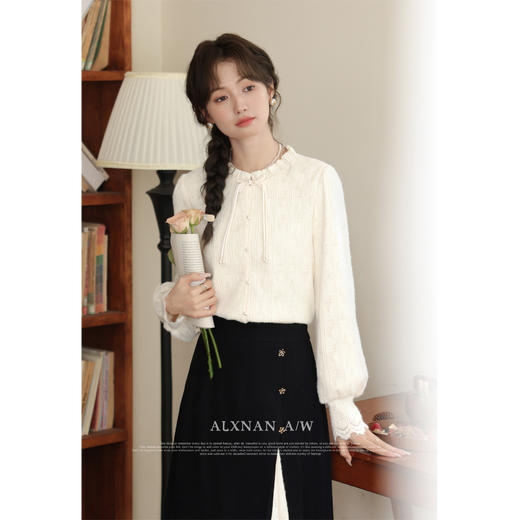 鹿向南「皑皑白雪」国风新中式米白色衬衫女秋冬长袖内搭打底上衣 商品图4