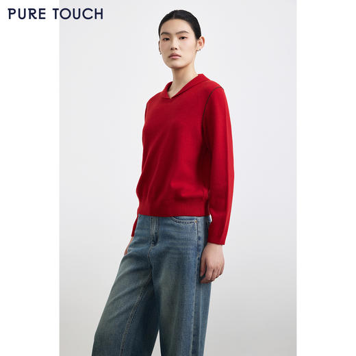 PURE TOUCH女装25秋冬新款海军翻领羊毛针织衫新年红宽松百搭毛衣 商品图4