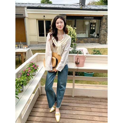 【专属特价】熙世界针织披肩上衣条纹衬衫两件套女夏秋季新款长袖休闲宽松衬衣 商品图4