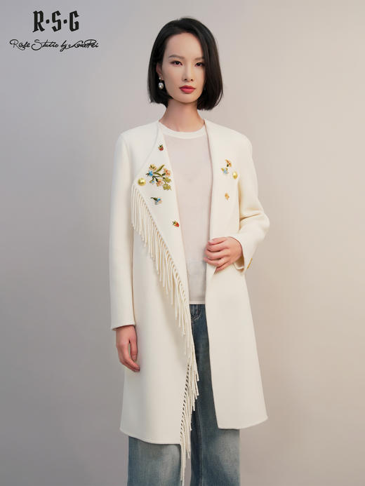 郭培成衣RSG2025秋冬新款花卉刺绣流苏白色羊毛大衣中长款气质 商品图0