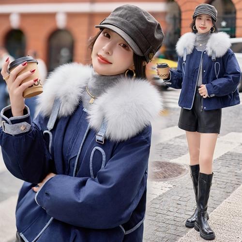 韩版牛仔拼接狐狸毛，白鹅绒羽绒服HR-YJLY86827 商品图1