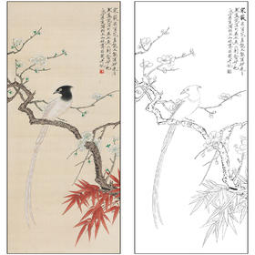 工笔画白描底稿于非闇花鸟《梅竹绶带》临摹勾线高清打印稿FA53