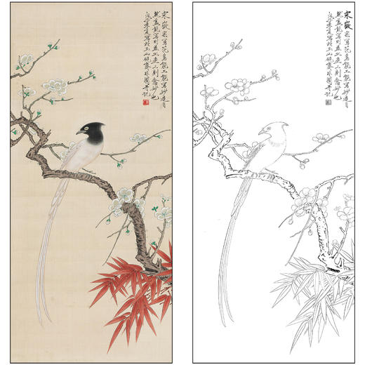 工笔画白描底稿于非闇花鸟《梅竹绶带》临摹勾线高清打印稿FA53 商品图0